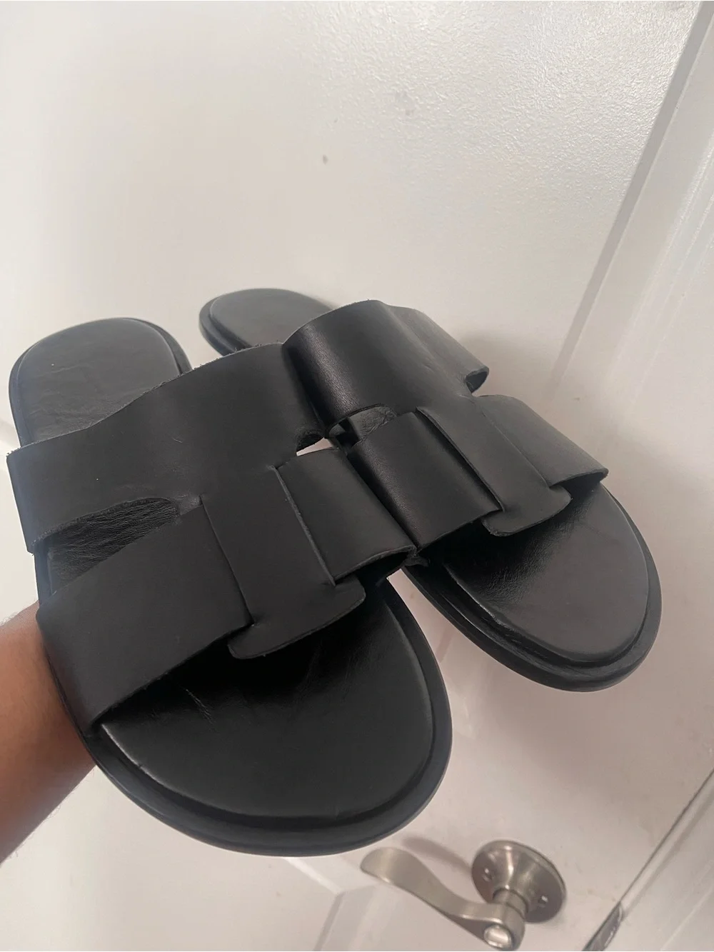 Brand New Men’s Black Leather Slide Sandals Sz 11